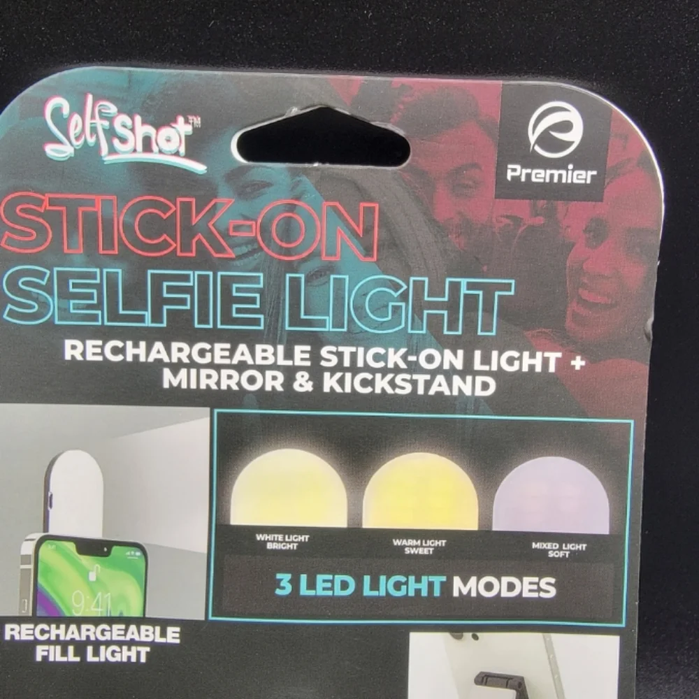 Stick On Selfie Light with Mirror & Kickstand Rechargeable 3 Led Light Modes New